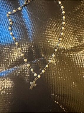 Pearl Bead Cross Pendant Necklace - White